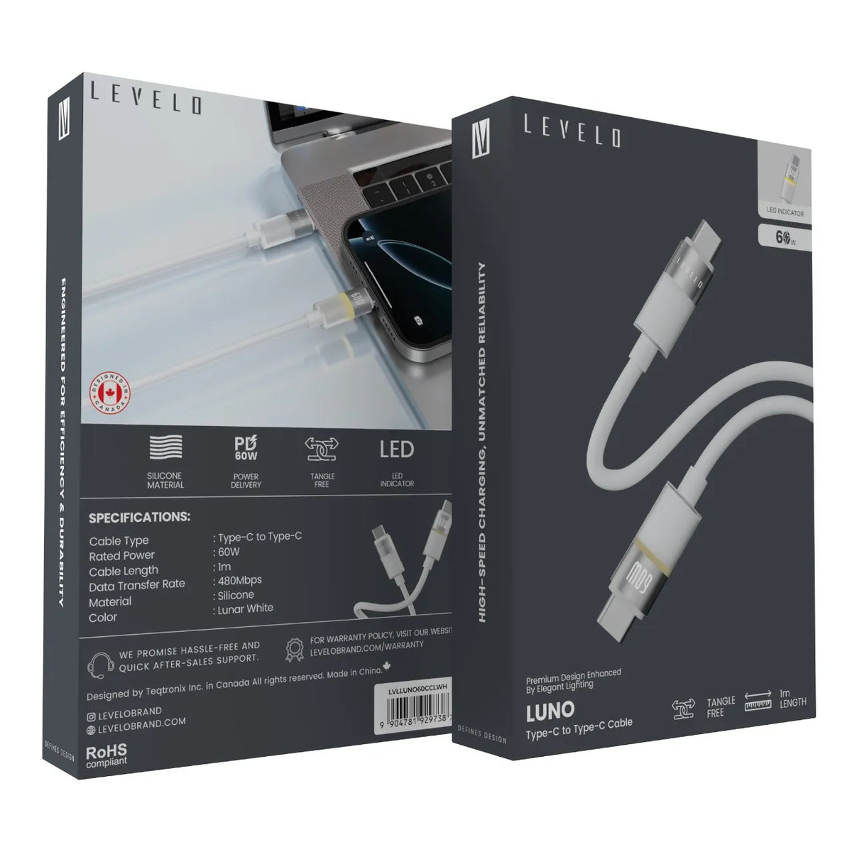 كابل ليفيلو Luno من USB-C إلى USB-C بقدرة 60 واط – متر واحد – تفاصيل المنتج والعبوة