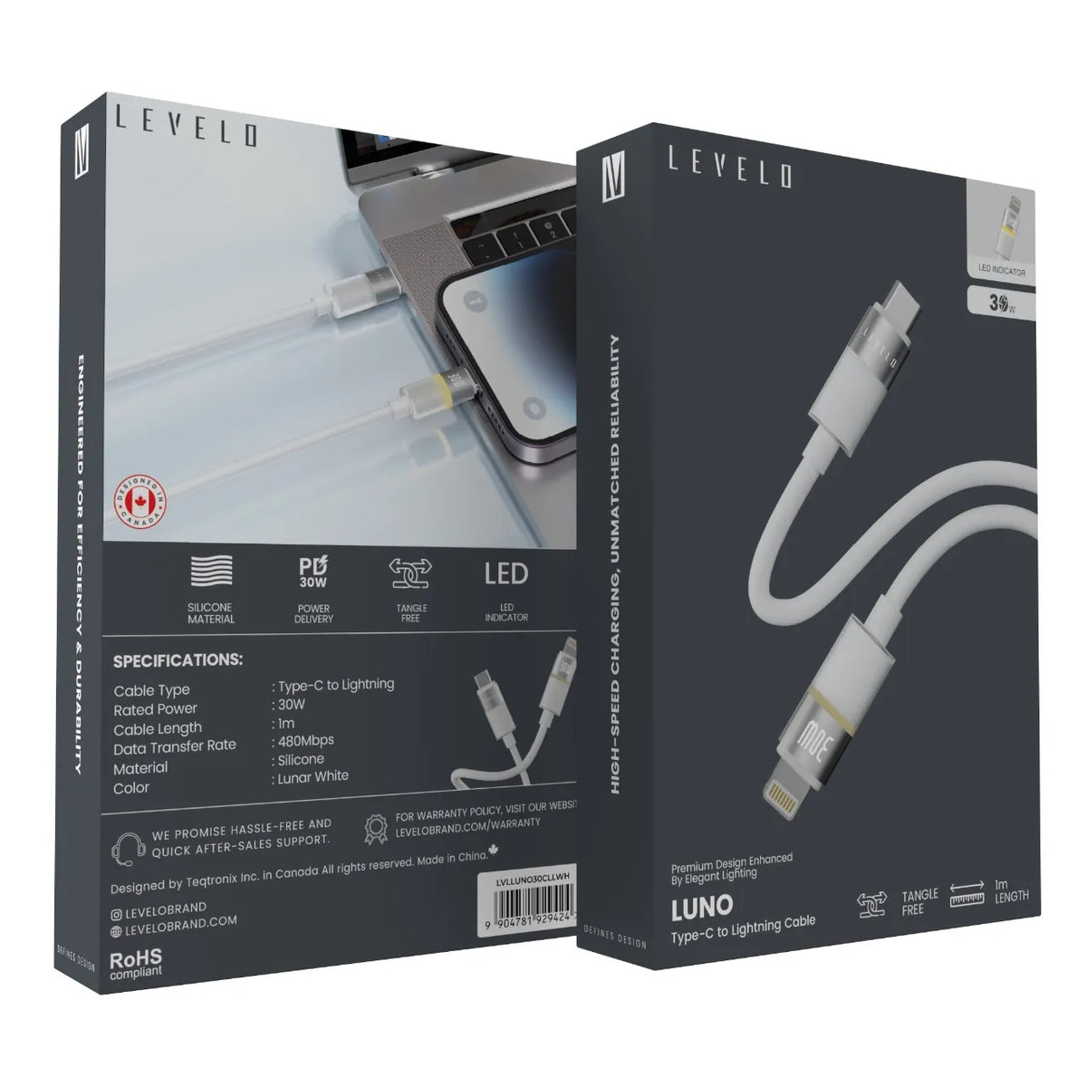كابل ليفيلو Luno من USB-C إلى Lightning بقدرة 30 واط – متر واحد – تفاصيل المنتج والعبوة