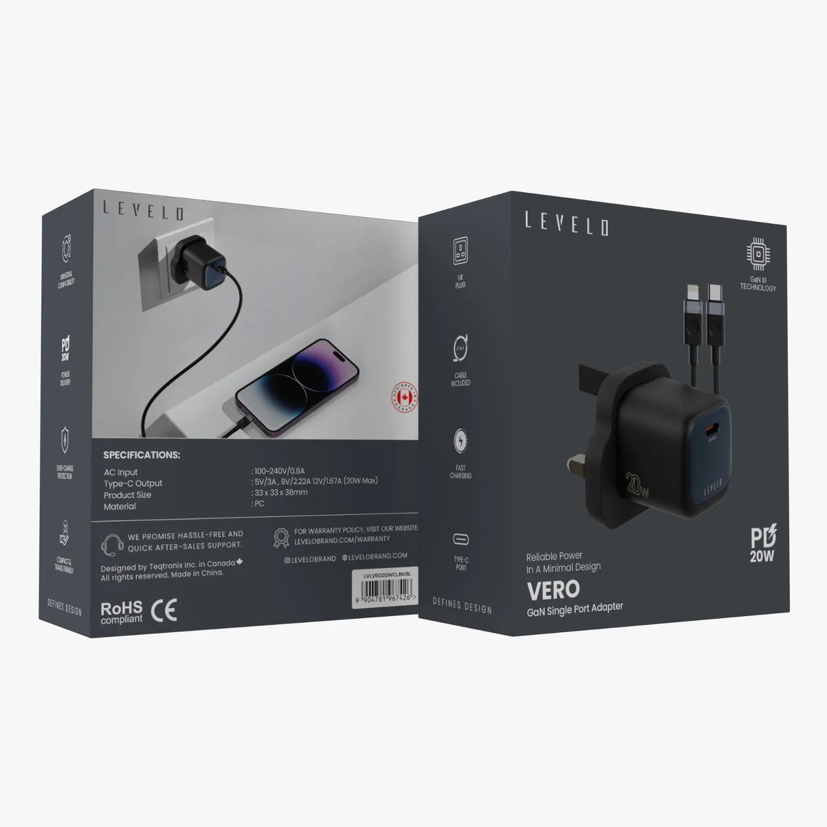 شاحن ليفيلو Vero GaN ‏20 واط بقابس بريطاني مع كابل USB-C إلى Lightning – تفاصيل المنتج والعبوة