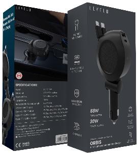 شاحن سيارة ليفيلو Orbis ‏4 في 1 بكابلي USB-C قابلين للسحب – أسود – تفاصيل المنتج والعبوة