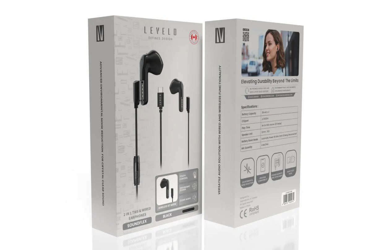 سماعات ليفيلو Soundflex ‏2 في 1 – لاسلكية وسلكية USB-C – تفاصيل المنتج والعبوة