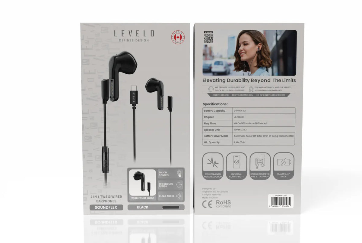 سماعات ليفيلو Soundflex ‏2 في 1 – لاسلكية وسلكية USB-C – تفاصيل المنتج والعبوة
