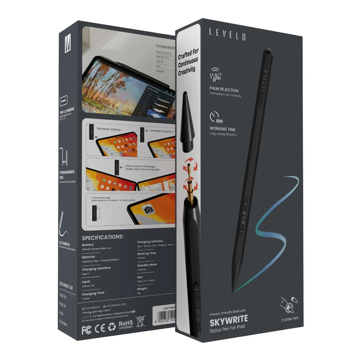 قلم ليفيلو Skywrite Versa للآيباد مع أزرار اختصار – تفاصيل المنتج والعبوة