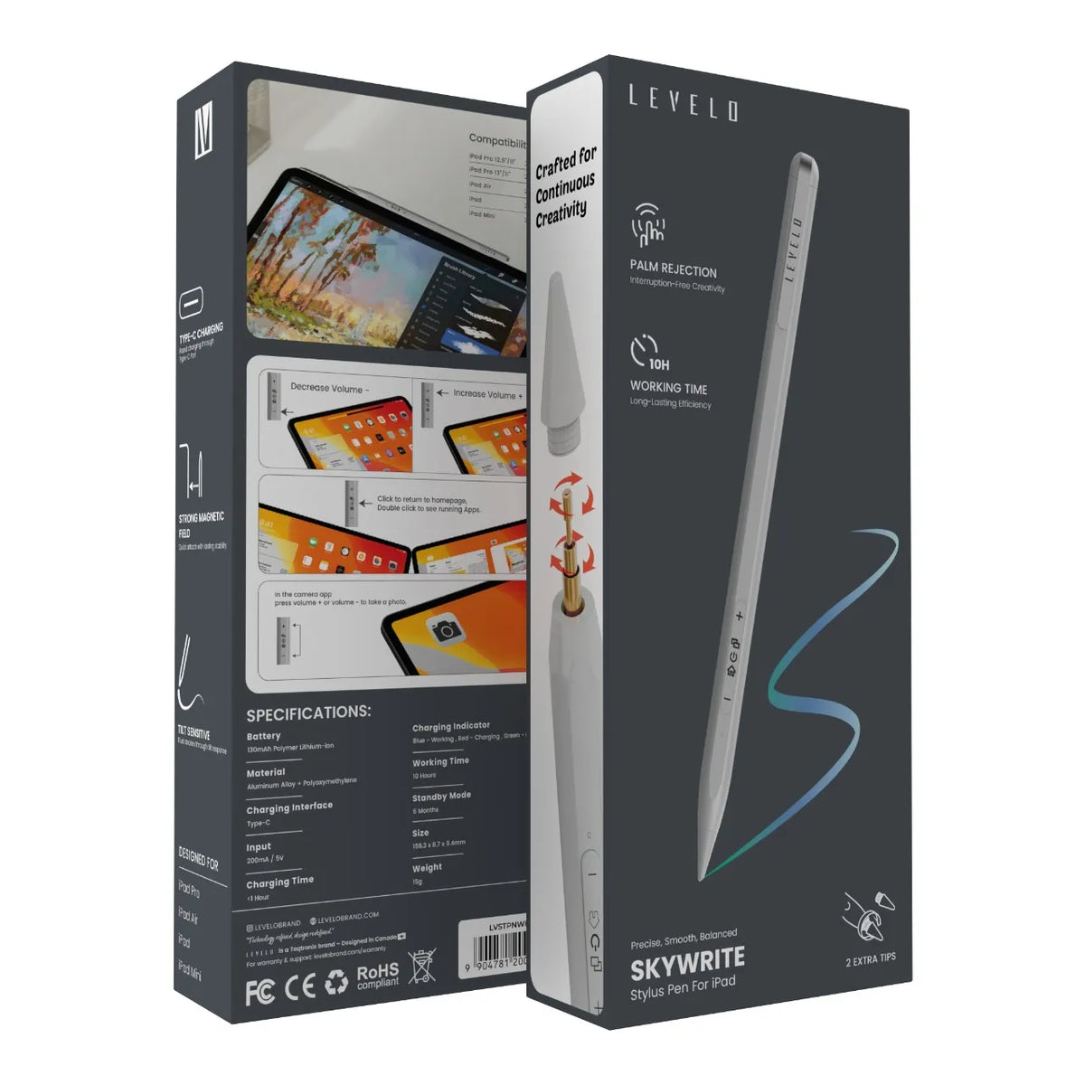قلم ليفيلو Skywrite Versa للآيباد مع أزرار اختصار – تفاصيل المنتج والعبوة