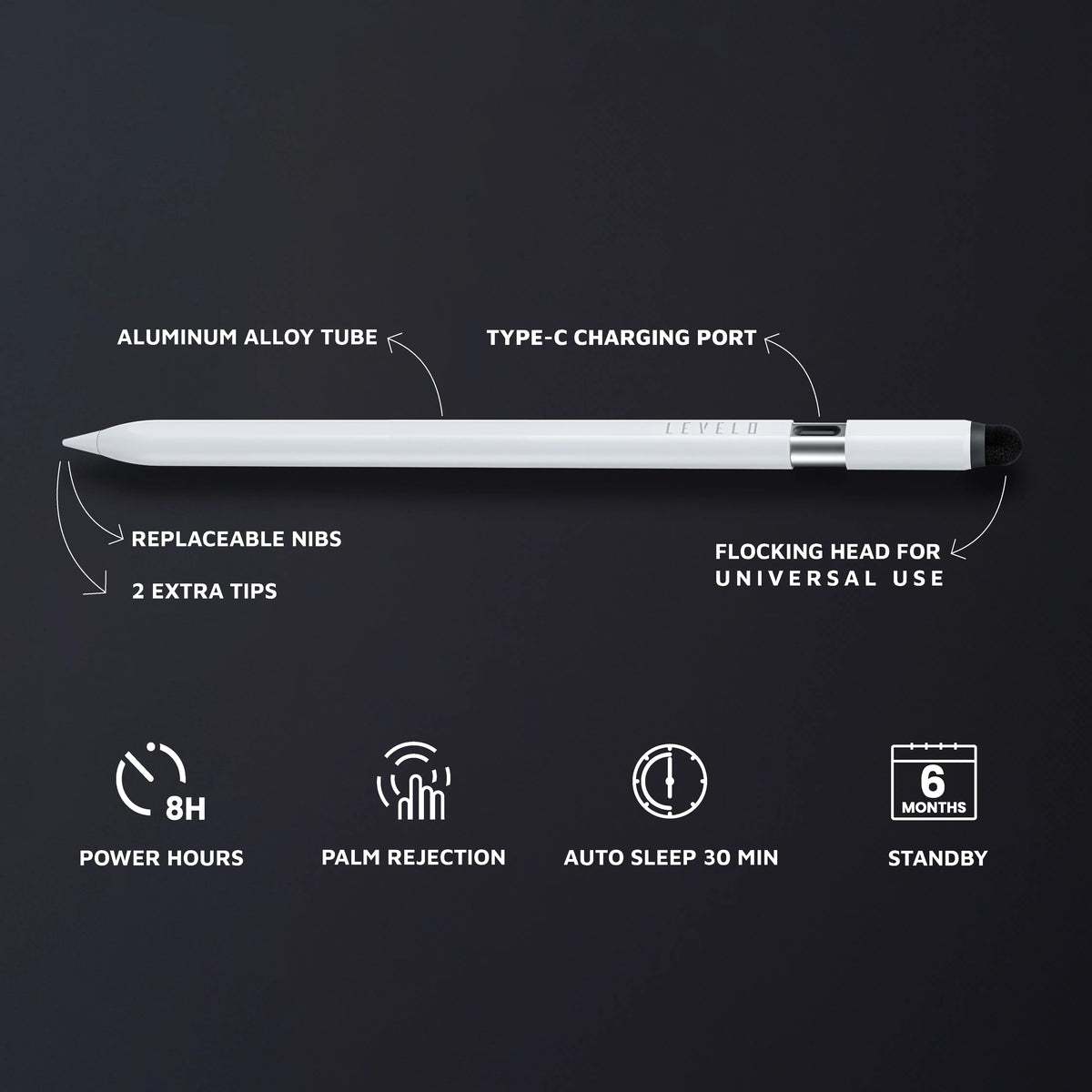 قلم ليفيلو Skystick ثنائي الرأس للآيباد وشاشات اللمس – أبيض – تفاصيل المنتج والعبوة