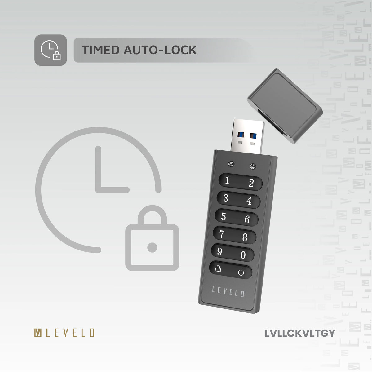 ذاكرة USB ليفيلو Lockvault المشفّرة بسعة 128 جيجابايت ولوحة أرقام – تفاصيل المنتج والعبوة