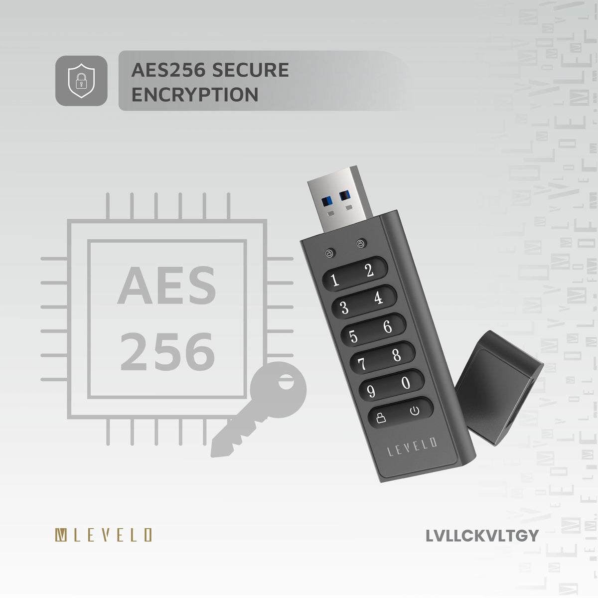 ذاكرة USB ليفيلو Lockvault المشفّرة بسعة 128 جيجابايت ولوحة أرقام – تفاصيل المنتج والعبوة