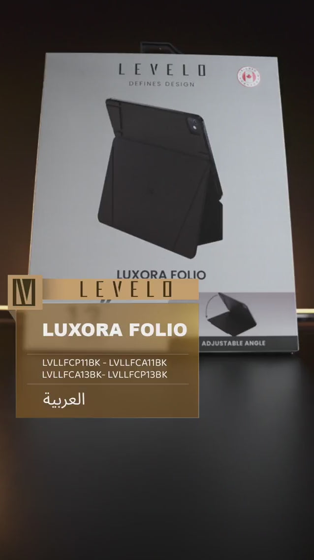 Load video: عرض أغطية ليفيلو Luxora Folio؛ الطلب يشمل مقاس الغطاء المحدد فقط دون الآيباد