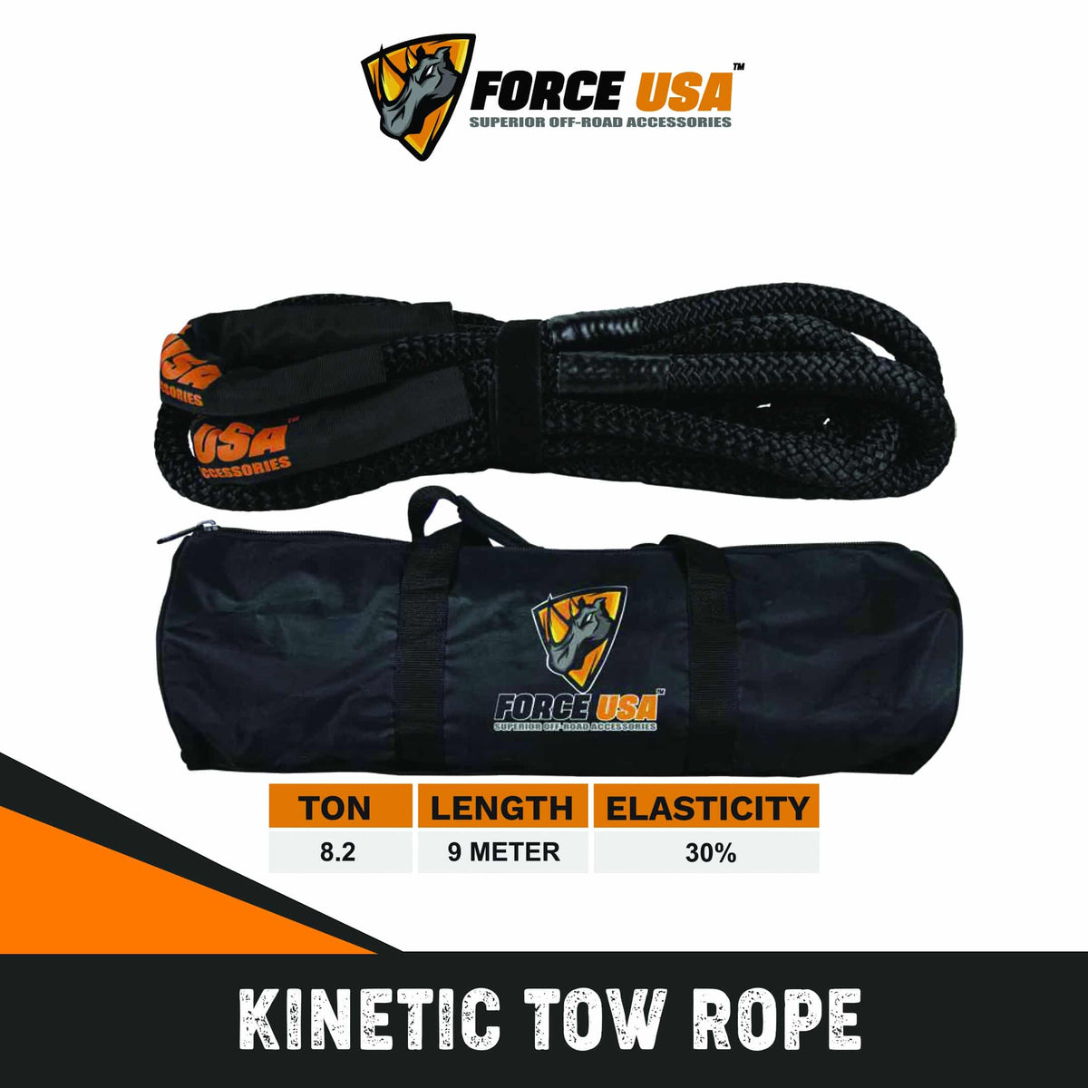 حبل سحب حركي شديد التحمل 8.2 طن بطول 9 متر - أسود | FORCE USA KINETIC TOW ROPE BLK HEAVY DUTY 8.2T 9M