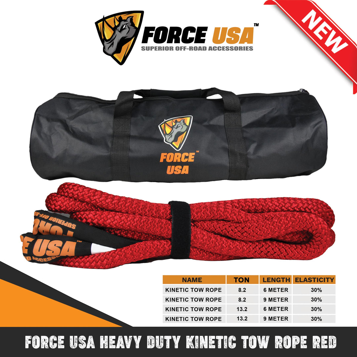 حبل سحب حركي شديد التحمل 8.2 طن بطول 9 متر - أحمر | FORCE USA KINETIC TOW ROPE RED HEAVY DUTY 8.2T 9M