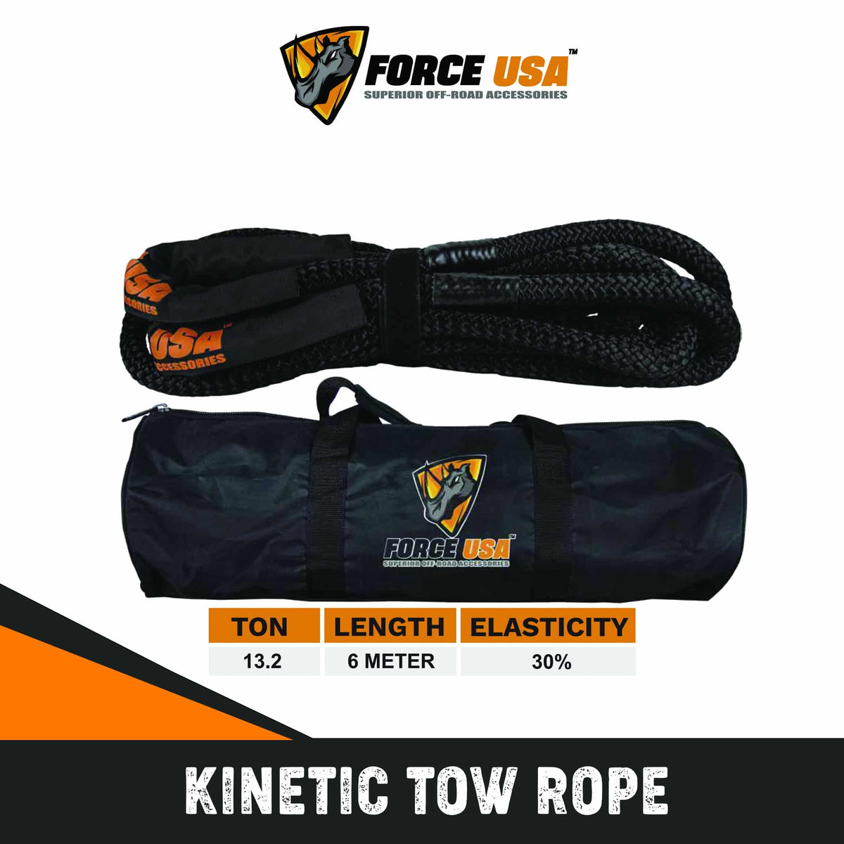 حبل سحب حركي شديد التحمل 8.2 طن بطول 6 متر - أسود | FORCE USA KINETIC TOW ROPE BLK HEAVY DUTY 8.2T 6M