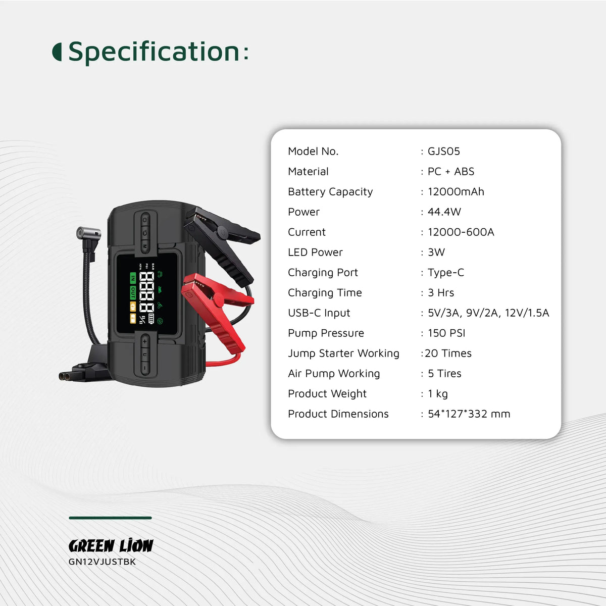 Green Lion 12 VJump Starter 12000 m Ah Power Bank|Flash Light|Air Compressor - Black – image 7