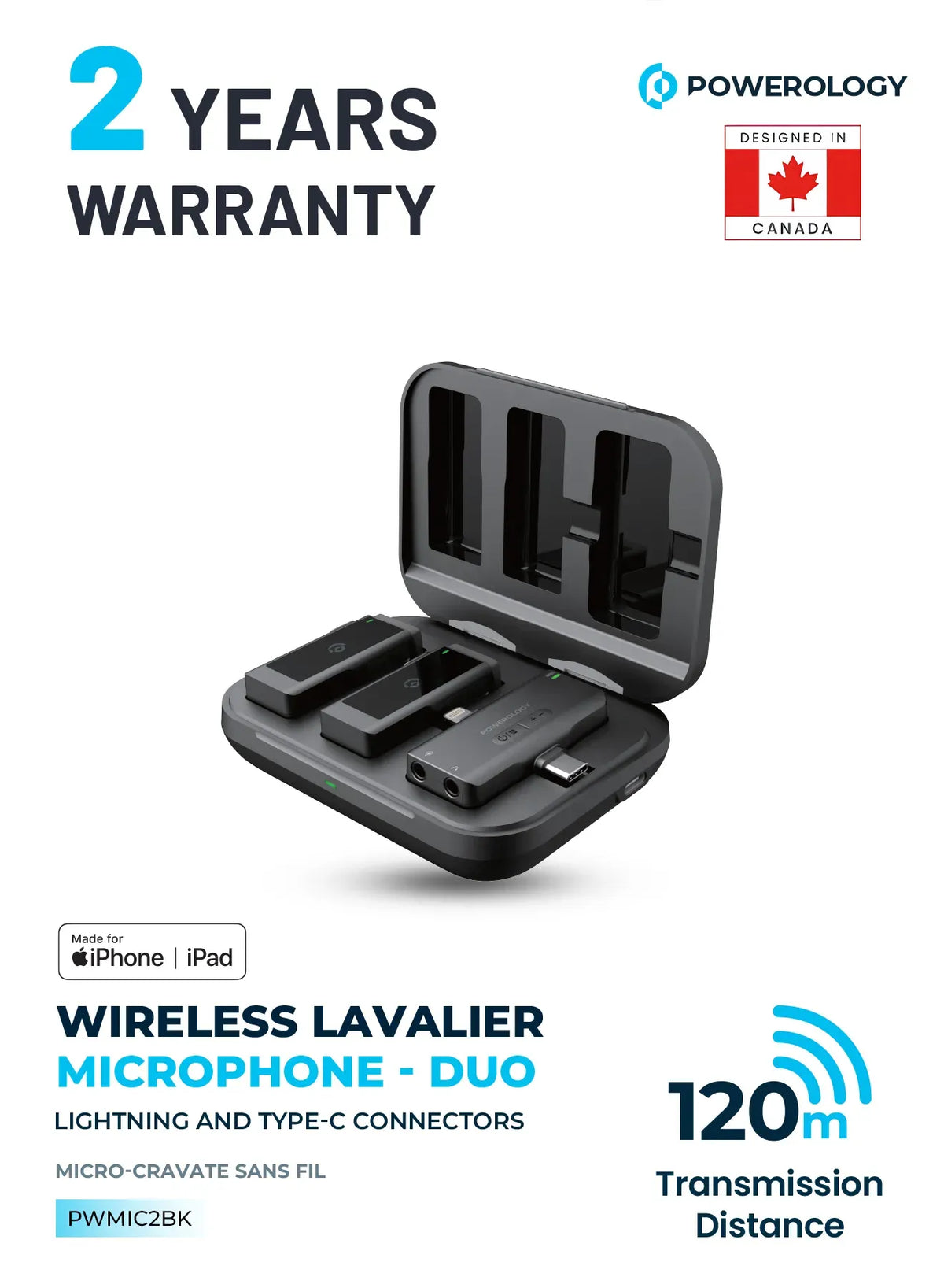 Powerology Mfi Dual Connector Wireless Lavalier Microphone X2 Mic 2000mAh Black – image 10