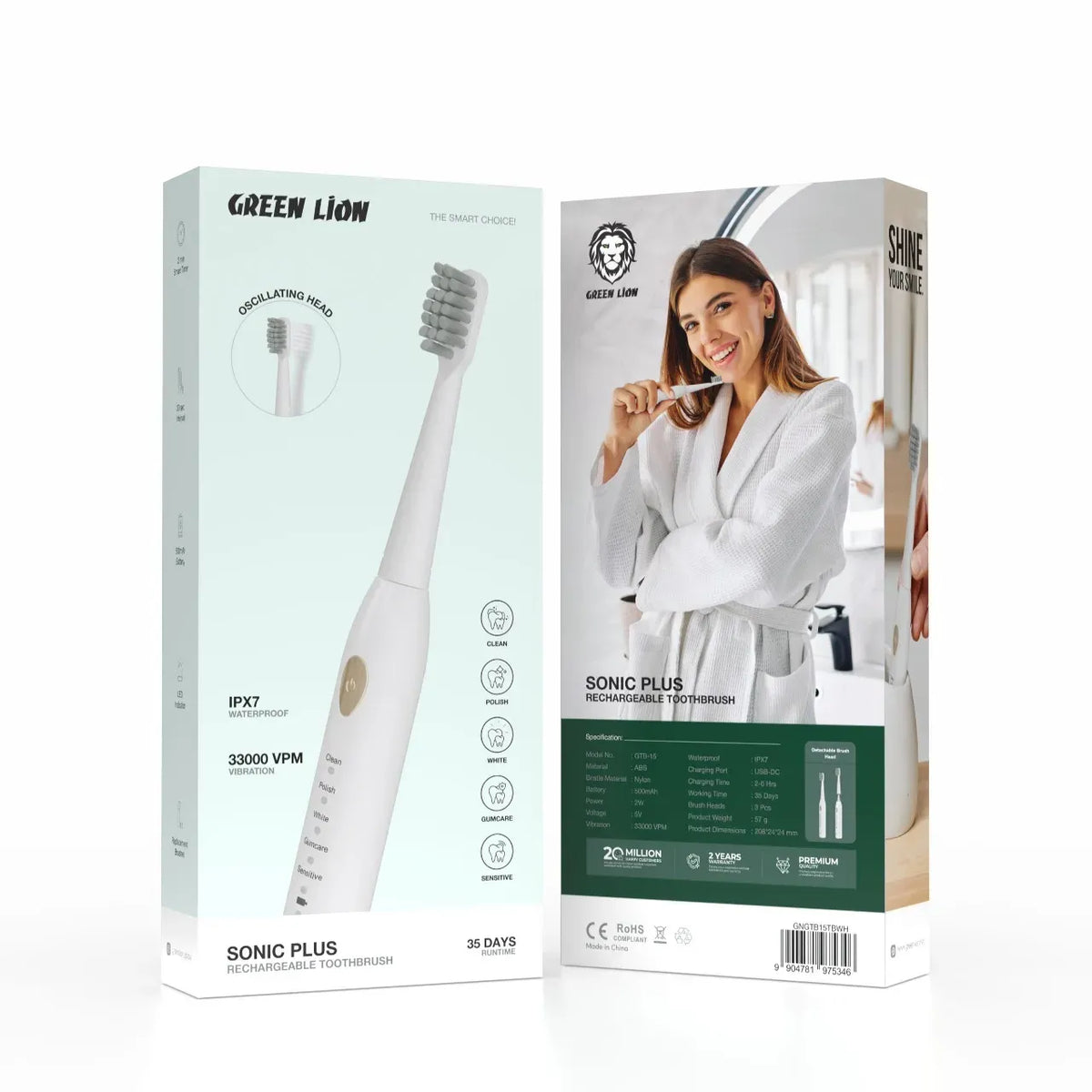 Green Lion Sonic Plus Rechargeable Toothbrush - White