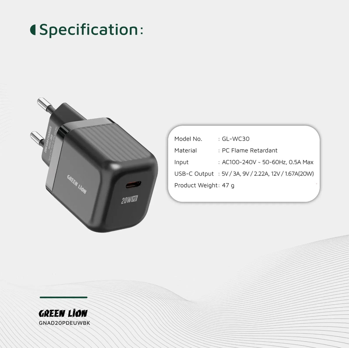 Green Lion Ultra Compact Ga NWall Charger EUPin USB-C PD 20 W - Black – image 4