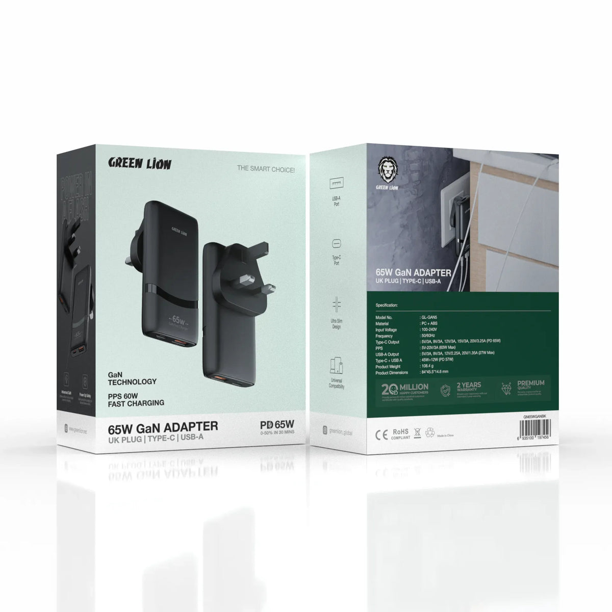 Green Lion 65w Gan Adapter Type C Ports Uk Plug Black – image 2
