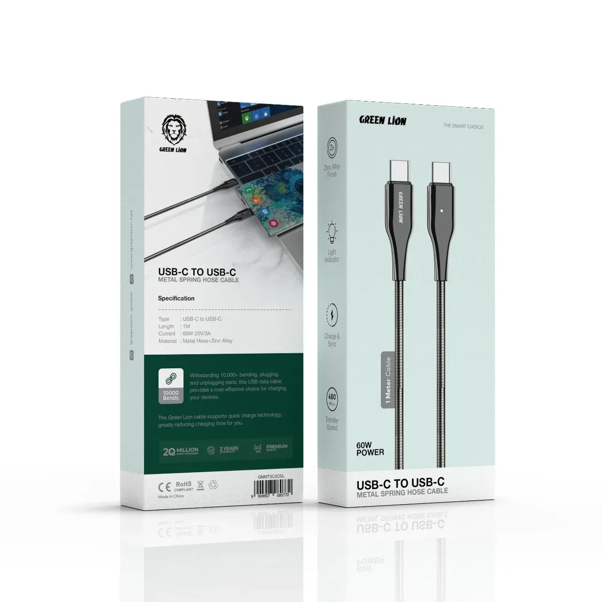 Green Lion USB C to USB C Metal Spring Hose Cable Silver – image 3