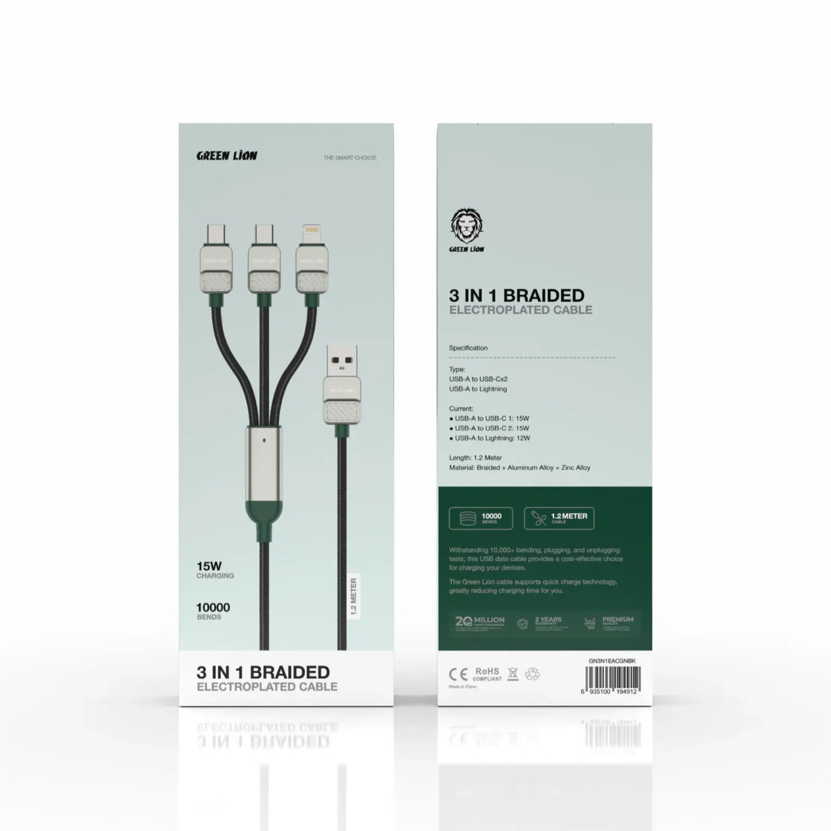 Green Lion 3 in 1 Cable Braided USB A to C C L Black Dark Green – image 3