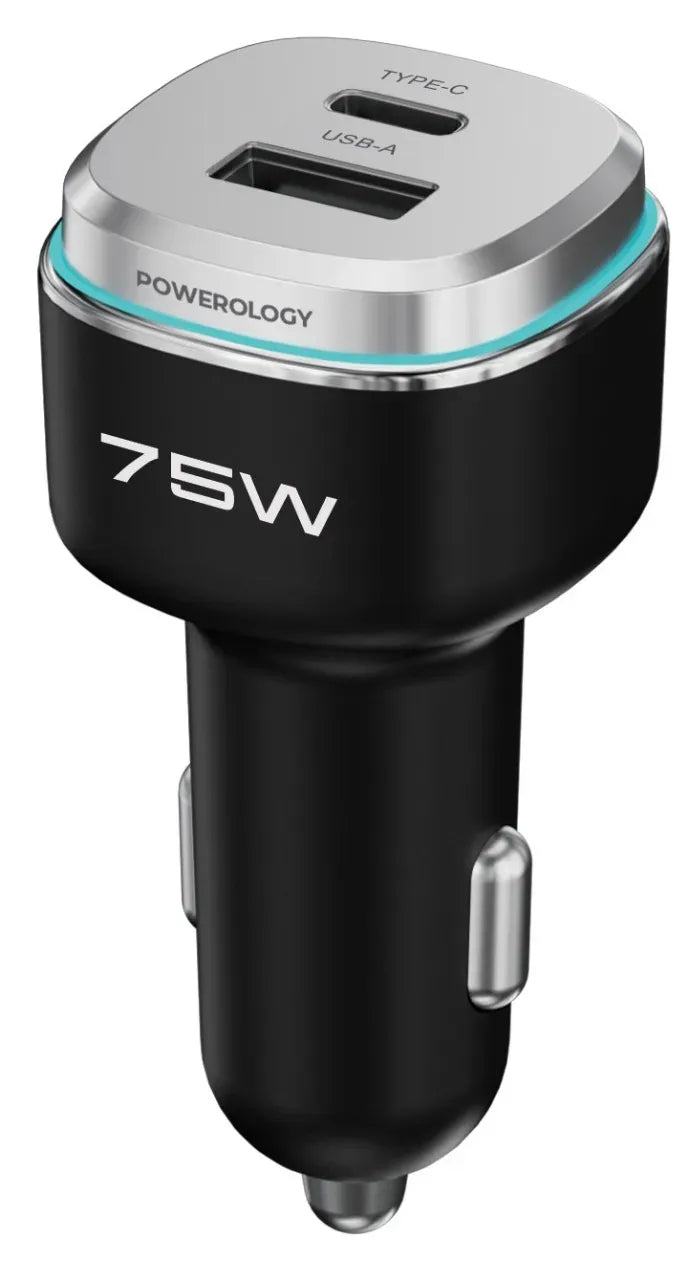Powerology 75 W Dual-Port High-Power Car Charger - Black/Silv er