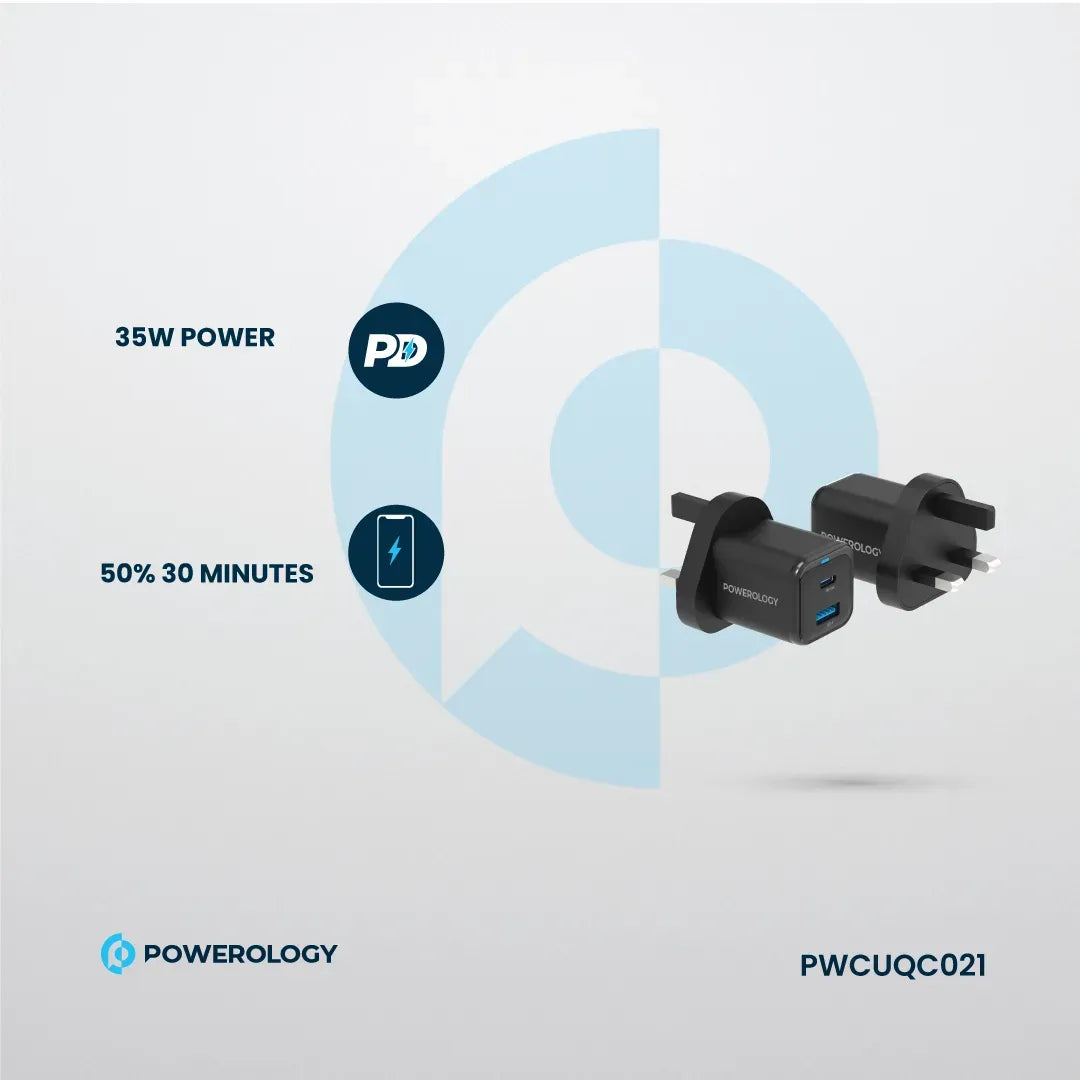 Powerology 35w PD QC 1xusb C 35w and 1xusb A 18w Gan Charger Uk with USB C Cable Black – image 7