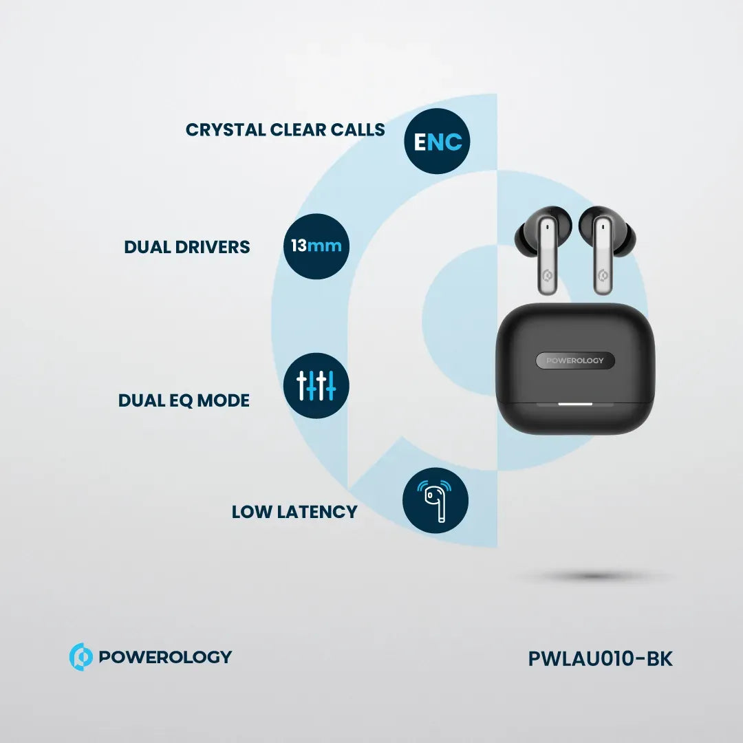 Powerology 6 Mic Hybrid ANC + ENCTrue Wireless Buds - Black