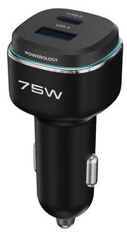 Powerology 75 W Dual-Port High-Power Car Charger with Typc-CCable - Black/Gre y