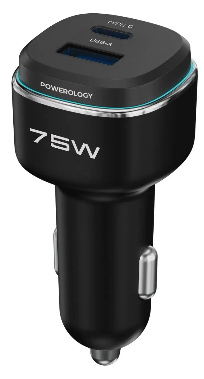 Powerology 75 W Dual-Port High-Power Car Charger with Typc-CCable - Black/Gre y
