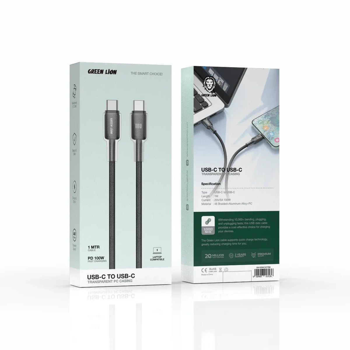 Green Lion USB C to USB C Transparent Pc Casing 1m Braided Cable PD 100w Black – image 2