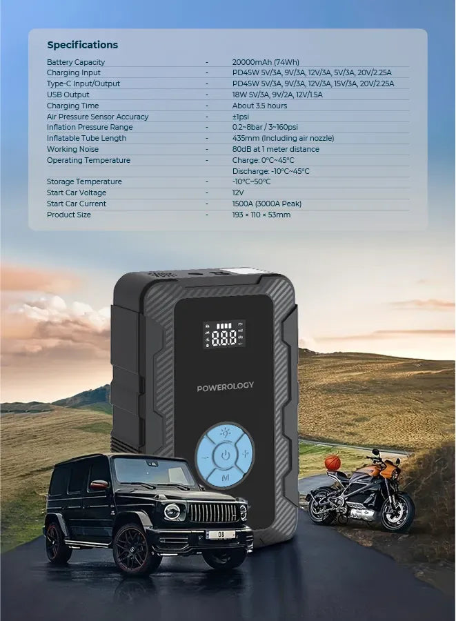 Powerology 20000 m Ah Power Bank Jump Start Air Compressor - Black – image 16