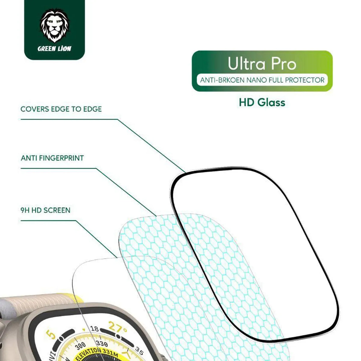 Green Lion Ultra Pro HD Glass Full Protection Apple Watch 49mm Clear – image 3
