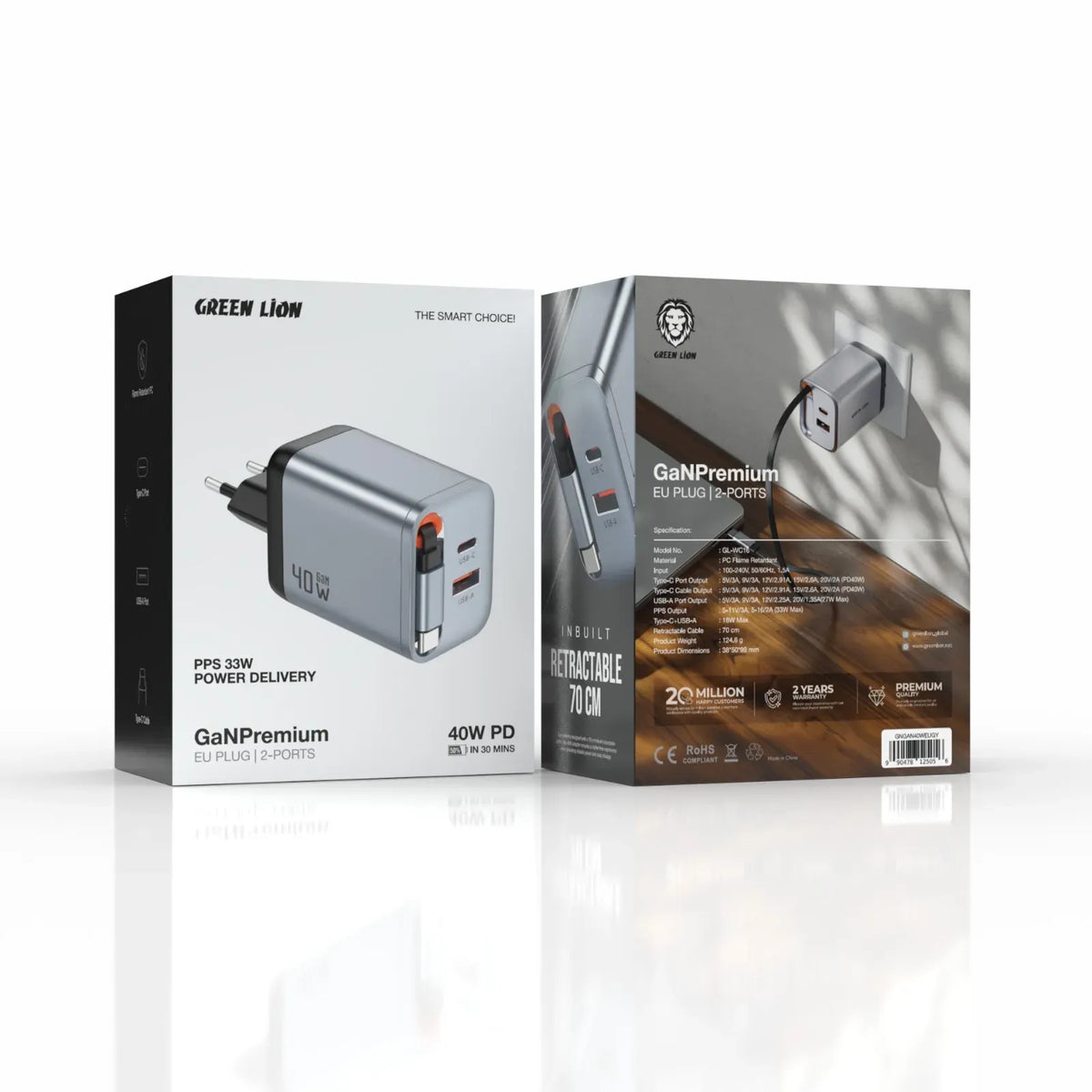 Green Lion Gan Premium Eu Plug Wall Charger 40w Gray – image 2