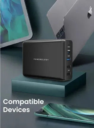 Powerology 4-Output 75 W Quick Charge Power Terminal Simultaneous Fast-Charging for Laptopsand Phone - Black