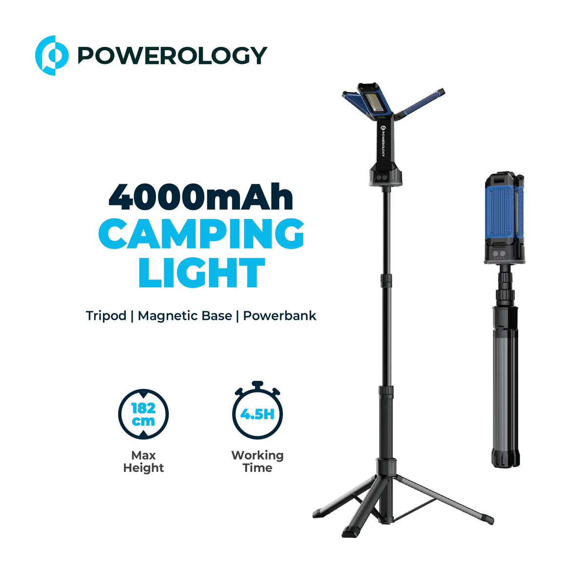 Powerology Camping 4000lm USB C Foldable Tripod Worklight Ipx4 4000mAh Black – image 3