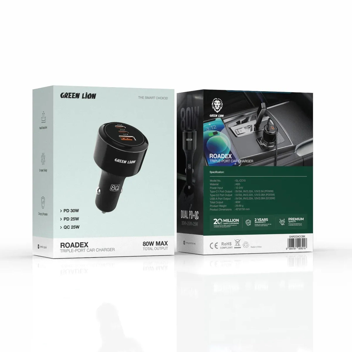 Green Lion Roadex Triple Port Car Charger 80 W - Black