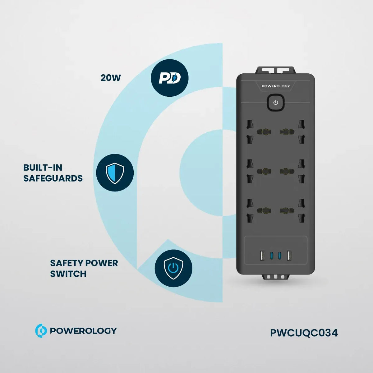 Powerology 6ac 2500w Power Strip Black – image 13