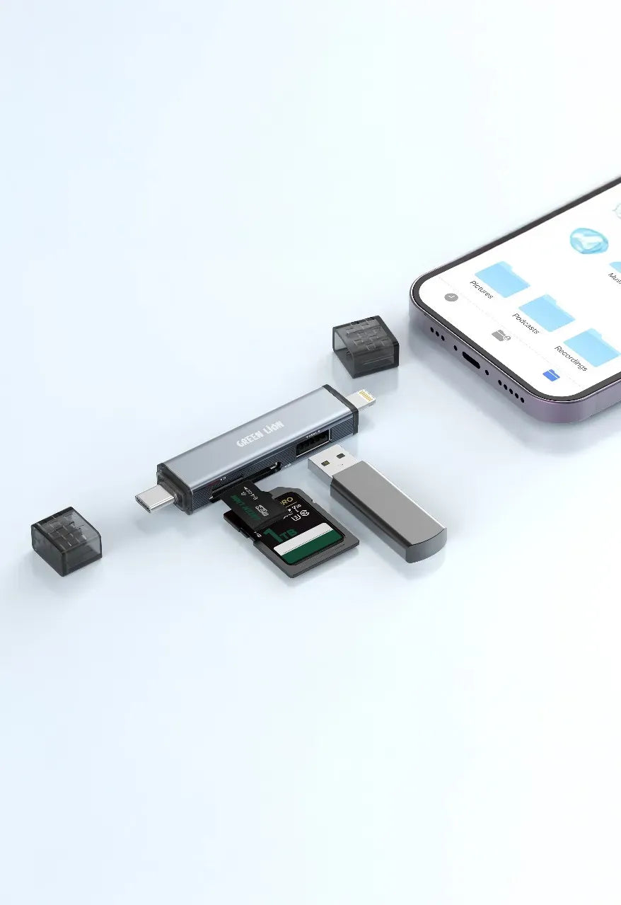 Green Lion 3 in 1 Card Reader with USB C Lightning Connectivity Gray – image 2