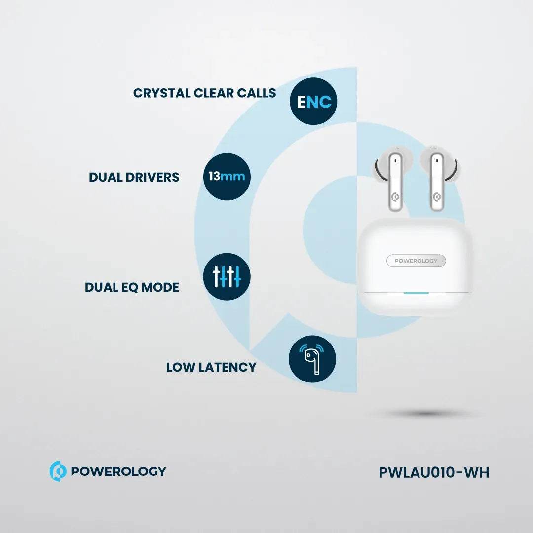 Powerology 6 Mic Hybrid ANC + ENCTrue Wireless Buds - White – image 2