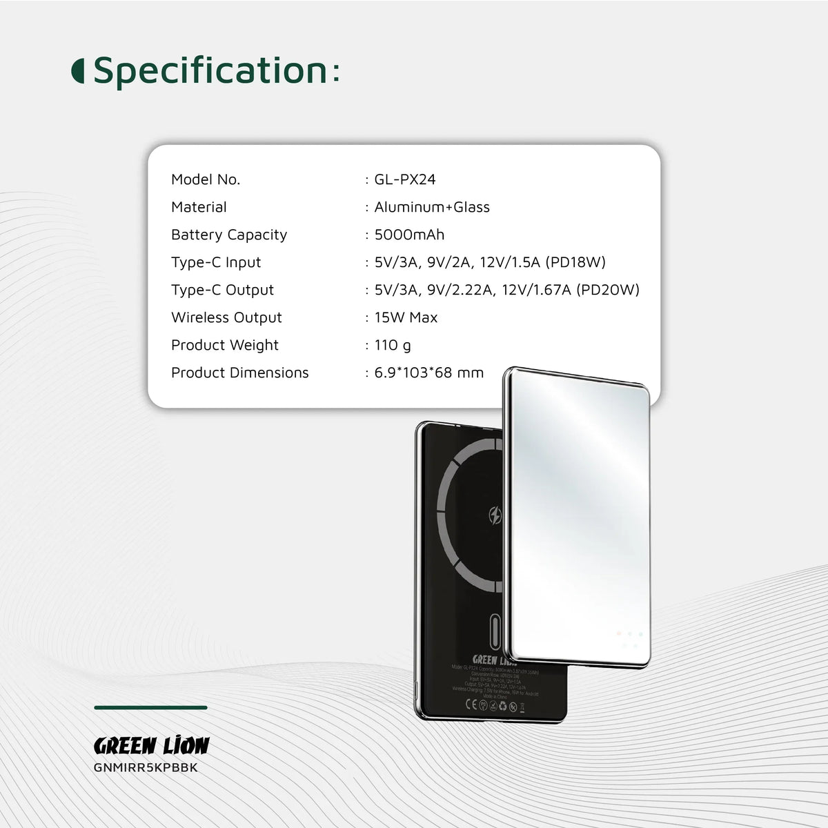 Green Lion Mirror Design 5000mAh Power Bank Black – image 5