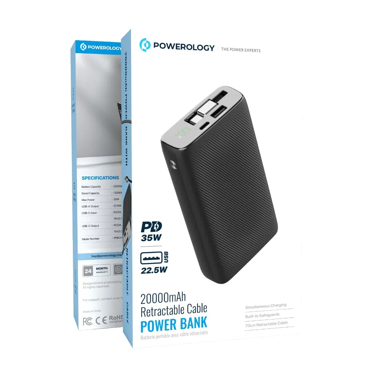 Powerology 20000mAh Retractable Cable Power Bank Black – image 19