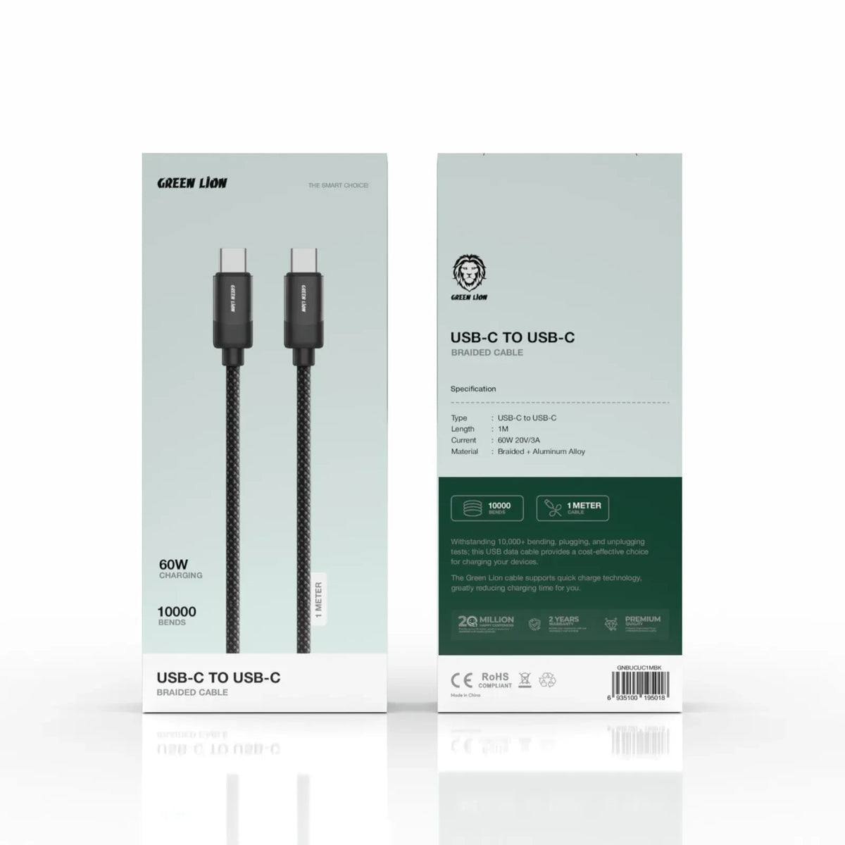 Green Lion USB C to USB C Braided Cable 1m 60w Black – image 3
