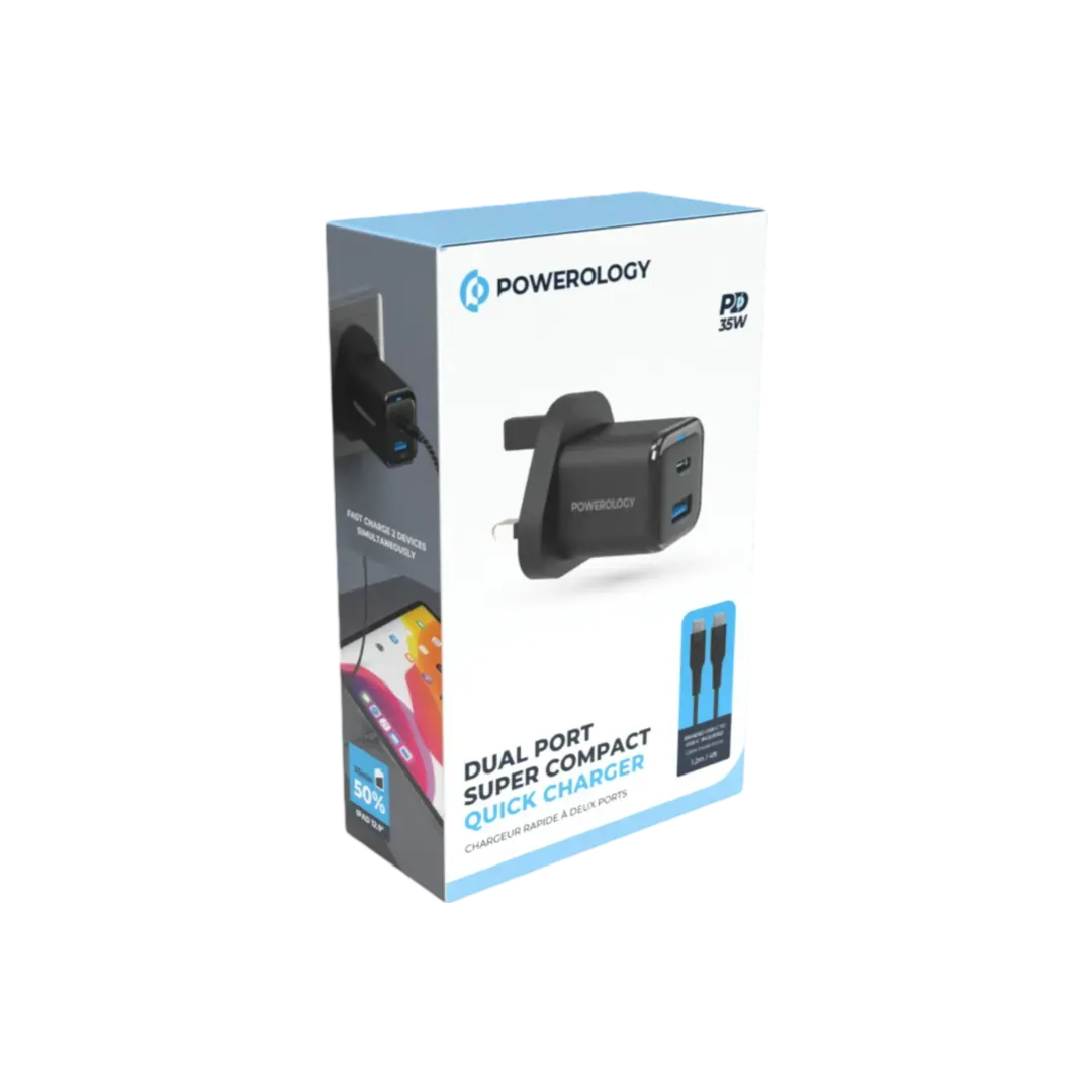 Powerology 35w PD QC 1xusb C 35w and 1xusb A 18w Gan Charger Uk with Type C to C 60w Black – image 8