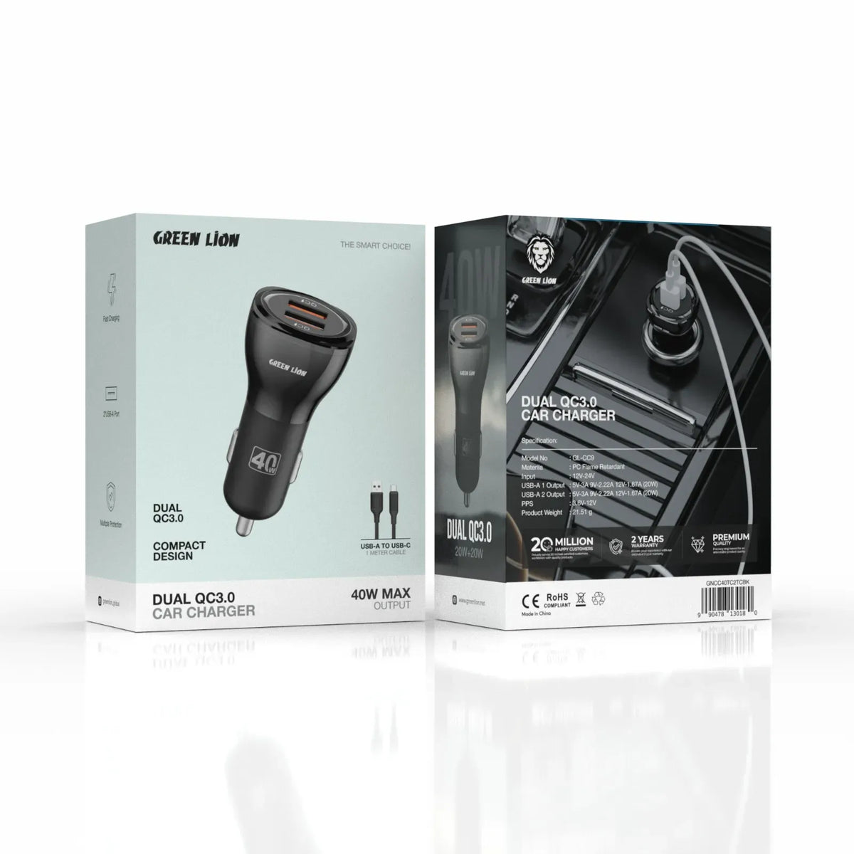 Green Lion Dual QC 3.0 Car Charger 40 W(QC 20 W*2)With USB-Ato USB-CCable 1 M - Black – image 4