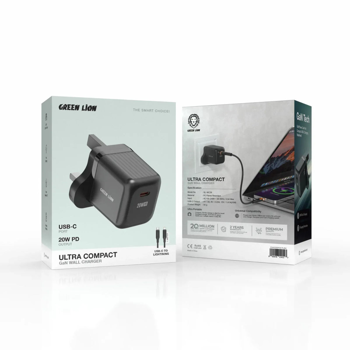 Green Lion Ultra Compact Gan Wall Charger Uk Pin USB C 20w with C to L Black – image 3
