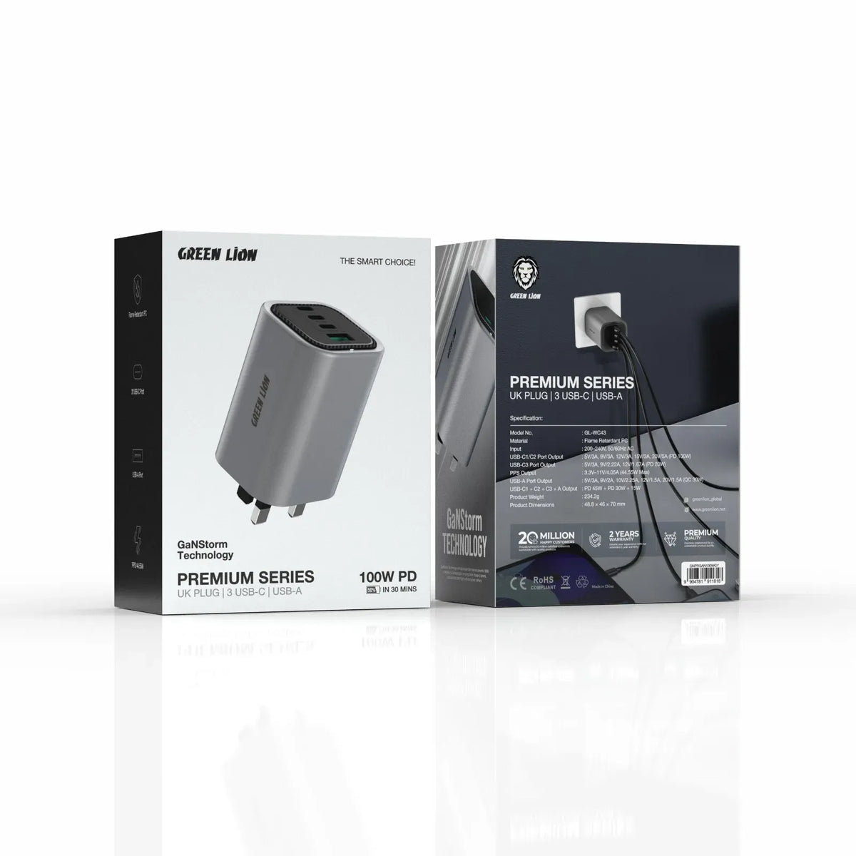 Green Lion Premium Series Fixed Plug Wall Charger UK Plug PD 100 W - Gray