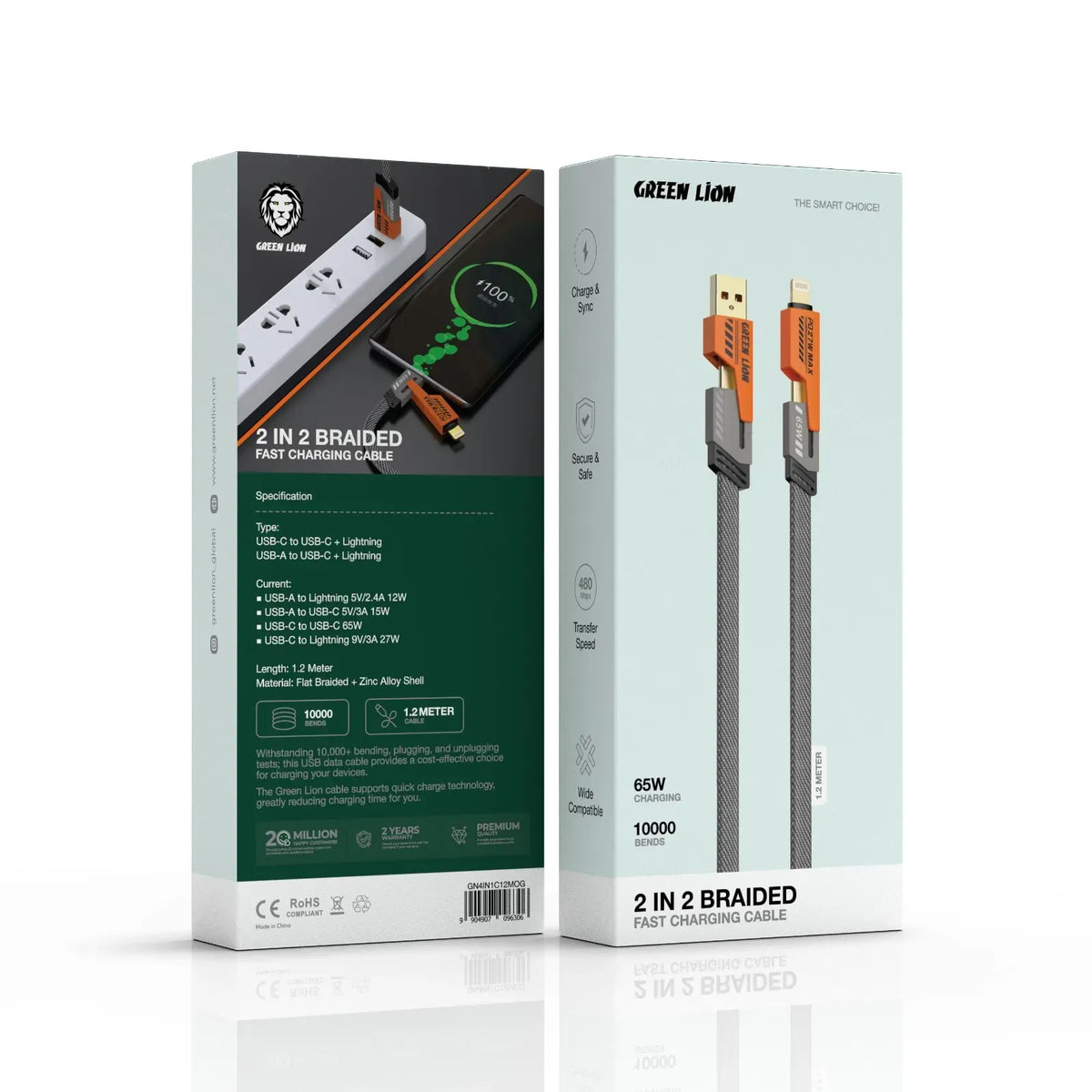 Green Lion 2 in 2 Braided Fast Charging Cable 65 W 1.2 M - Orange