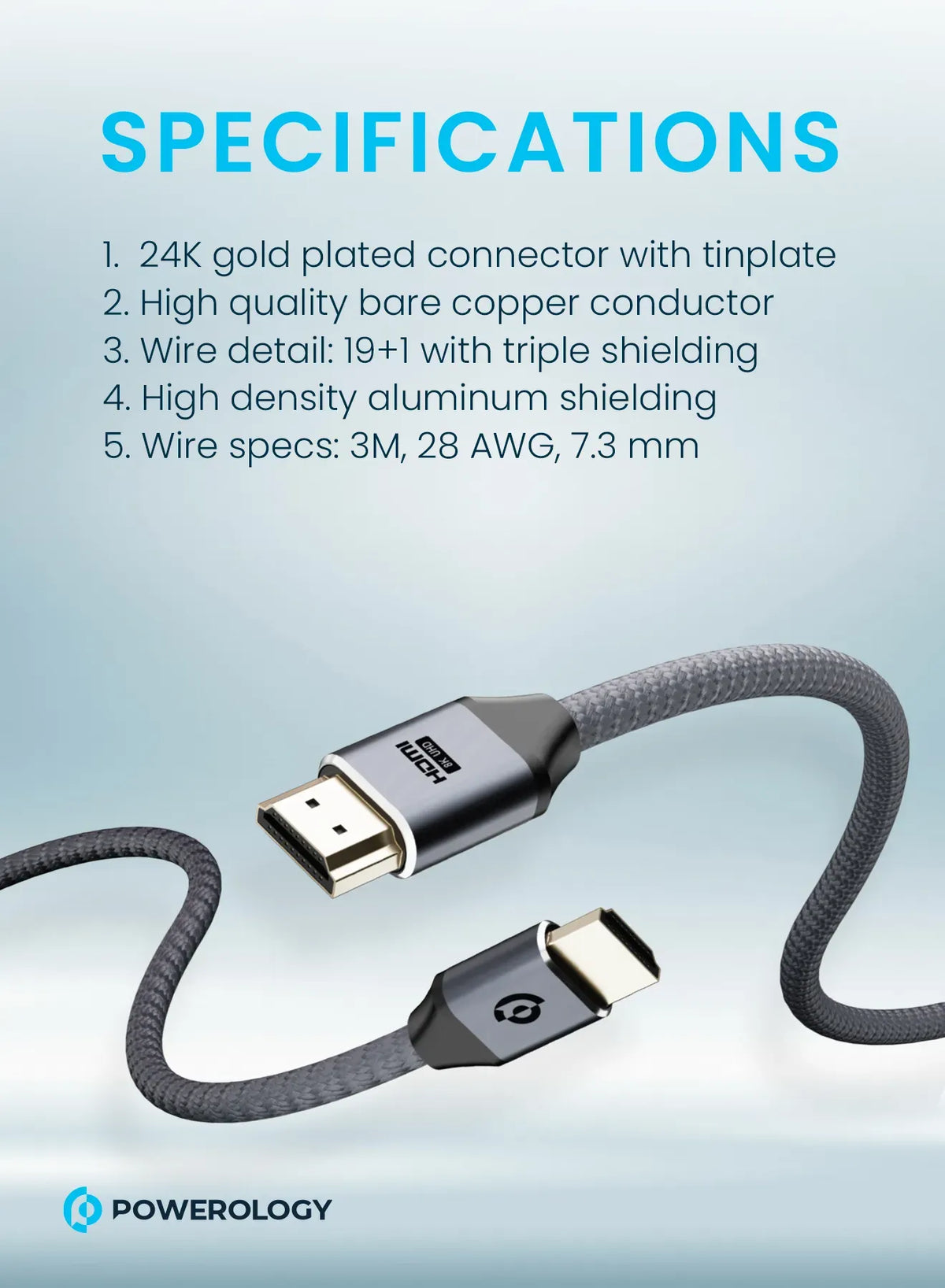 Powerology 8 KHDMI Braided Cable 3 M - Gray – image 3