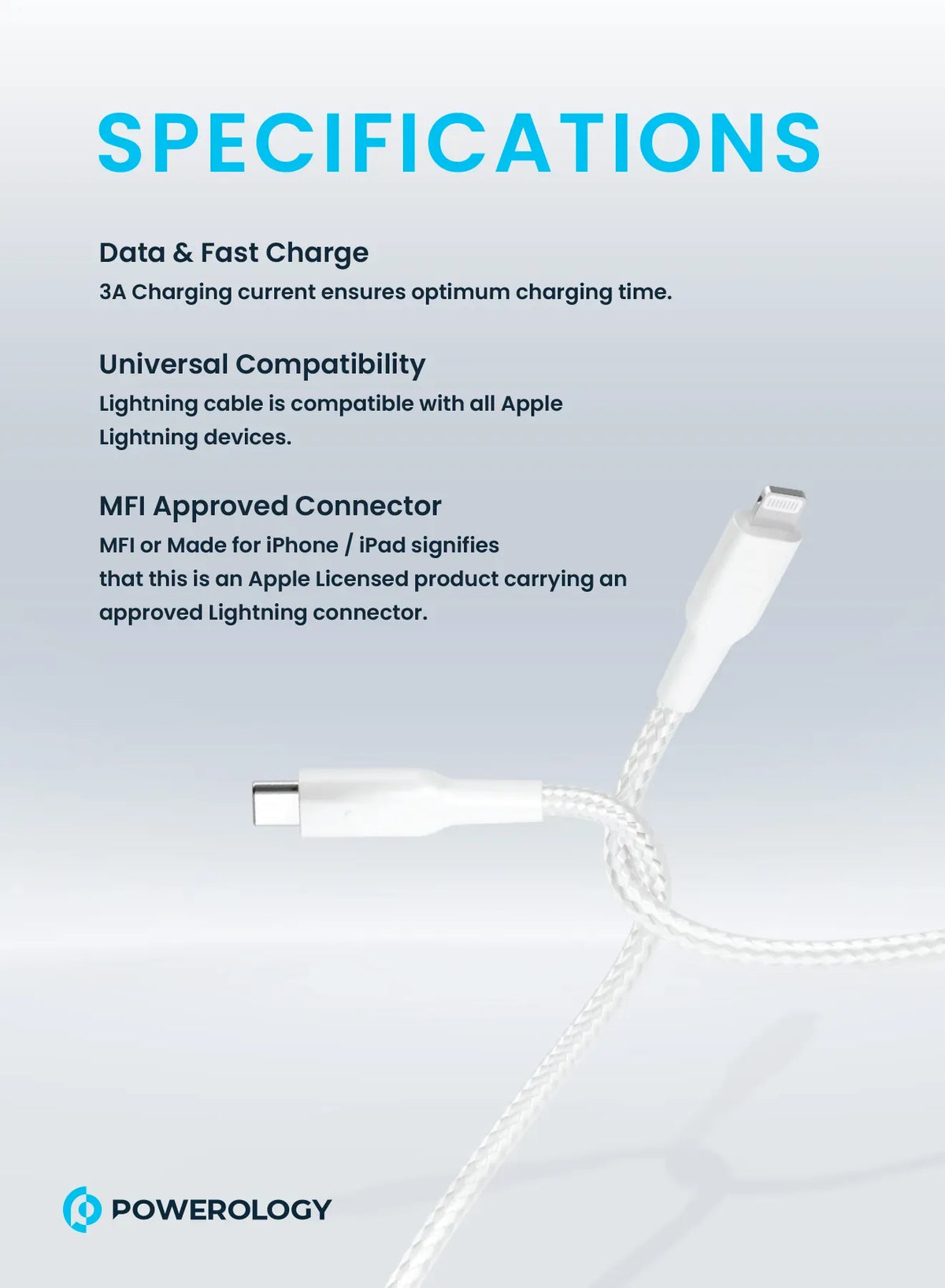 Powerology Braided USB-C Lightning Data&Fast Charge Cable 30 Cm/0.98 ft - White – image 3