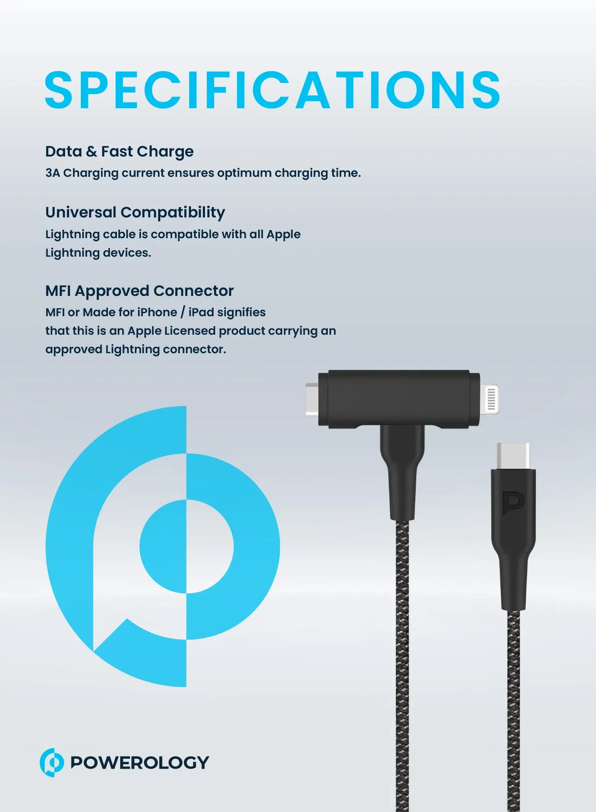 Powerology Braided USB-C to USB-C +Lightning Data&Fast Charge 1.2 m/4 ft - Black – image 7