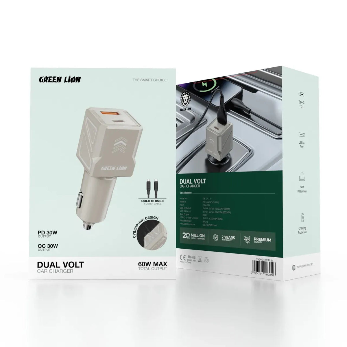 Green Lion Dual Volt Car Charger PD+QC 60 WCto C 1 m Cable - Titanium – image 2