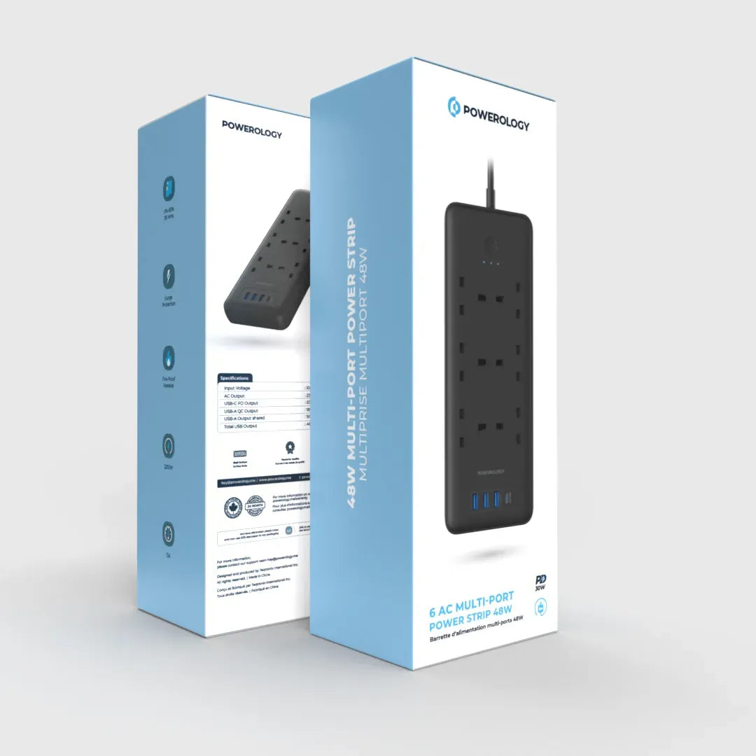 Powerology 48w 6ac 1x PD USB C and 3x QC USB A Power Strip with Uk Plug Black – image 6